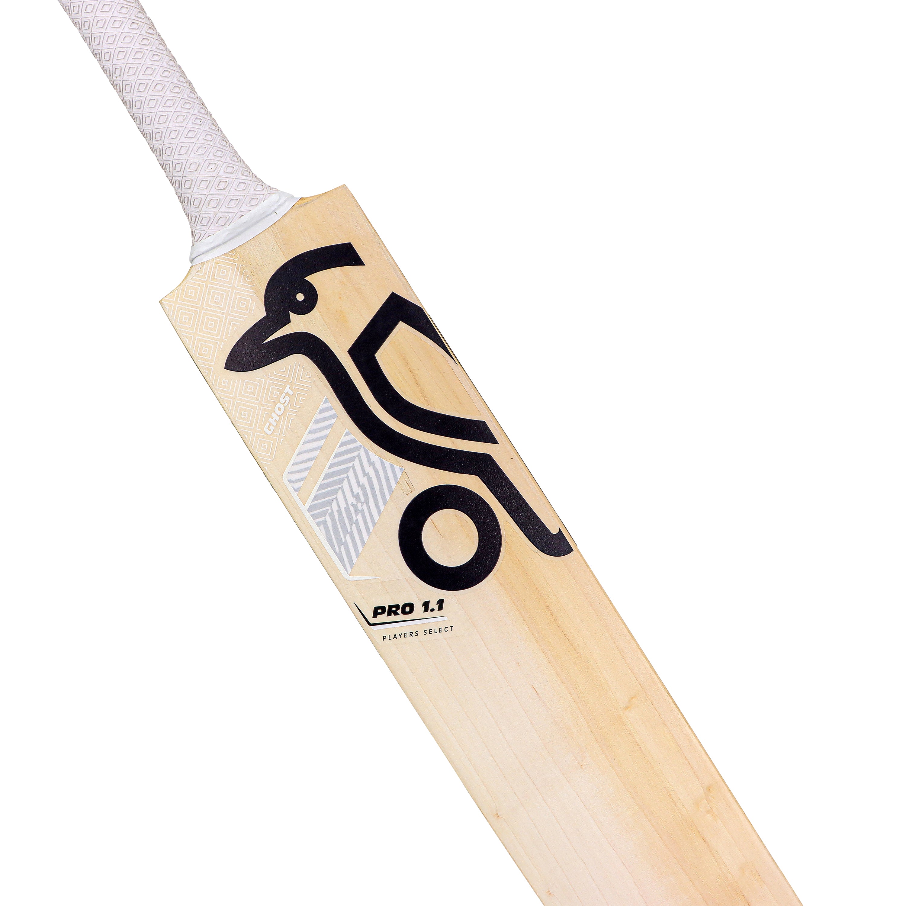 A close-up of the Kookaburra Ghost Pro 1.1 Players Select Junior Cricket Bat 2026, with a white textured handle and light English willow blade, featuring the Kookaburra black stylized bird logo.