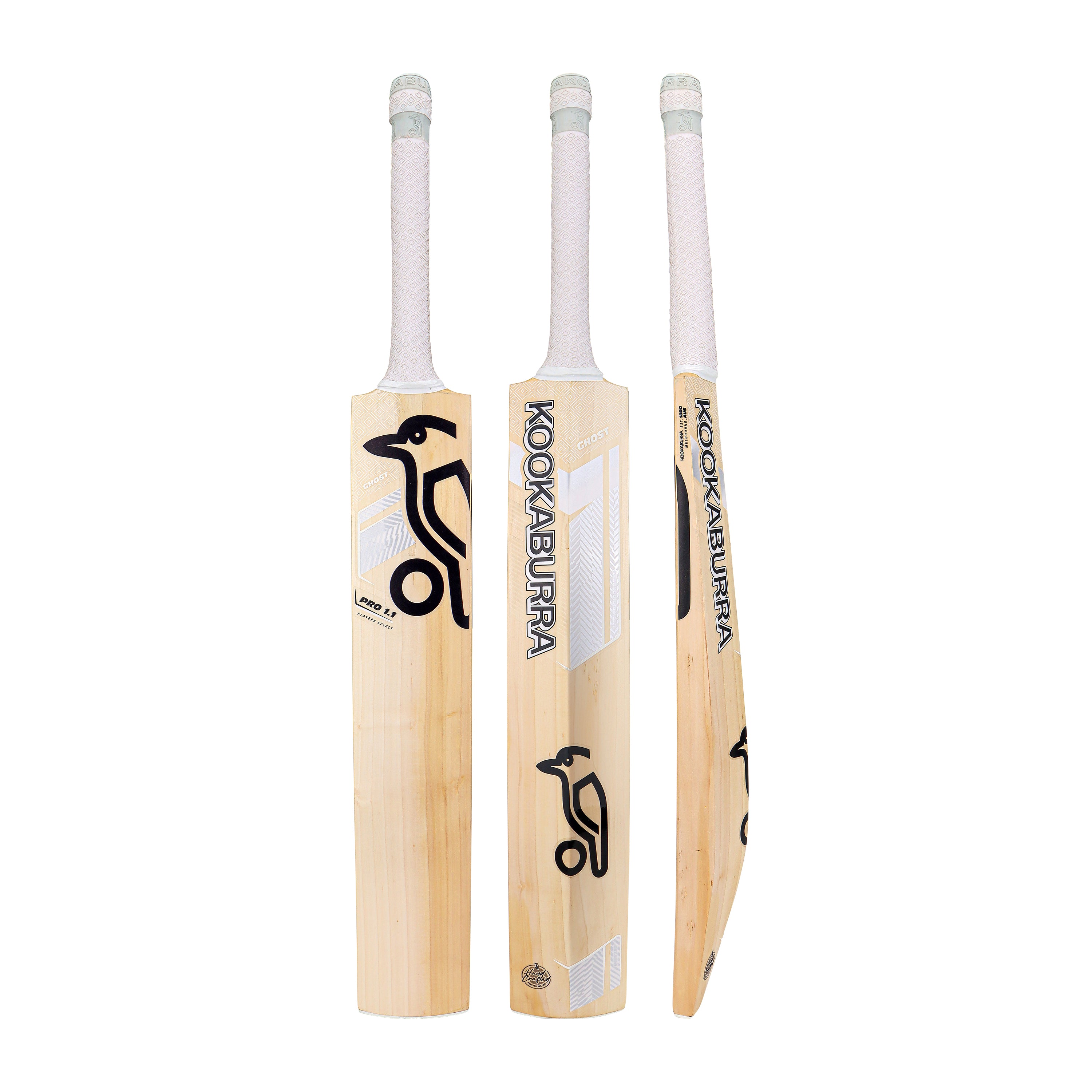 Three views (front, back, and side) of the Kookaburra Ghost Pro 1.1 Players Select Junior Cricket Bat 2026 with a white grip and black Kookaburra logo on light English willow. "Kookaburra" is printed on both the back and side.