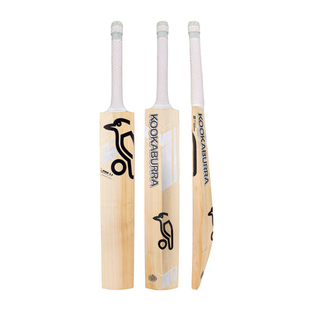 Three views (front, back, and side) of the Kookaburra Ghost Pro 1.1 Players Select Junior Cricket Bat 2026 with a white grip and black Kookaburra logo on light English willow. "Kookaburra" is printed on both the back and side.
