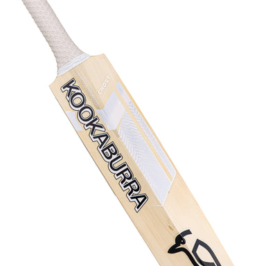 A close-up of the Kookaburra Ghost Pro 3.1 Icon Cricket Bat 2026 highlights its grip, branding, and partial blade featuring the signature Kookaburra logo and name.