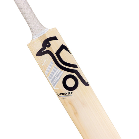 A close-up of the Kookaburra Ghost Pro 3.1 Icon Cricket Bat 2026, showing its white patterned grip, bold black Kookaburra logo, stylized animal design, and "PRO 3.1 ICON" text on the English Willow blade.