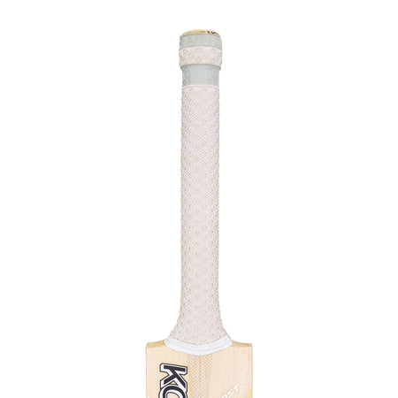 Close-up of the Kookaburra Ghost Pro 3.1 Icon Cricket Bat 2026 handle, showing its textured white grip and part of the English Willow blade.