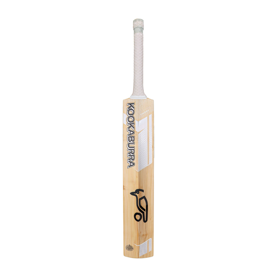The Kookaburra Ghost Pro 3.1 Icon Junior Cricket Bat 2026, crafted from English willow with a white handle grip and black bird logo, is shown against a plain white background.