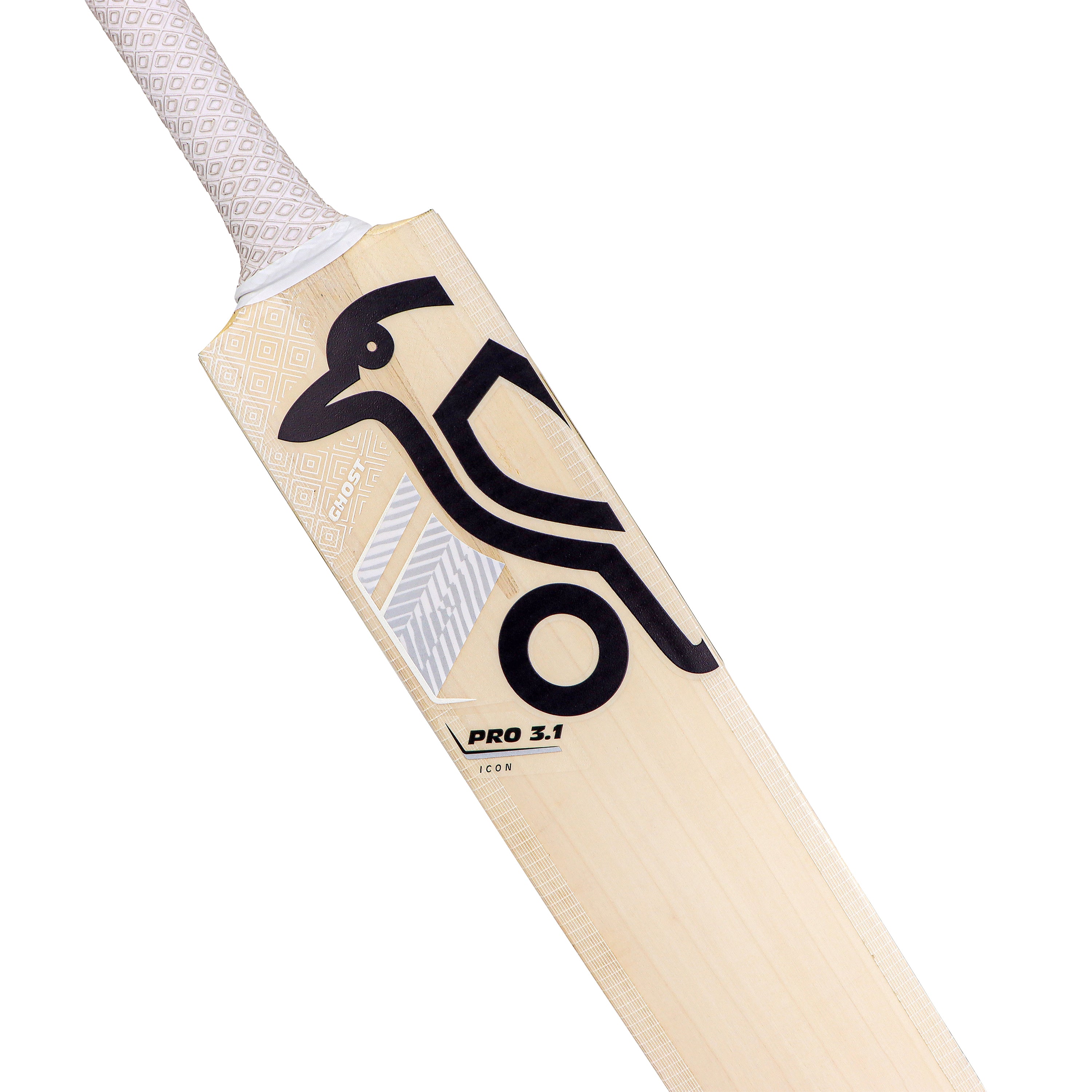 A close-up of the Kookaburra Ghost Pro 3.1 Icon Junior Cricket Bat 2026, made from English willow, with a white handle and geometric black blade design, featuring "PRO 3.1" and "ICON" on light-colored wood.