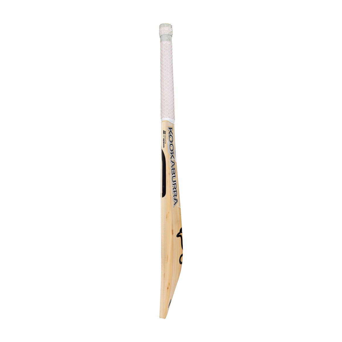 A side view of the Kookaburra Ghost Pro 3.1 Icon Junior Cricket Bat 2026 with a white grip and natural wood finish, featuring the Kookaburra name and logo on the blade.