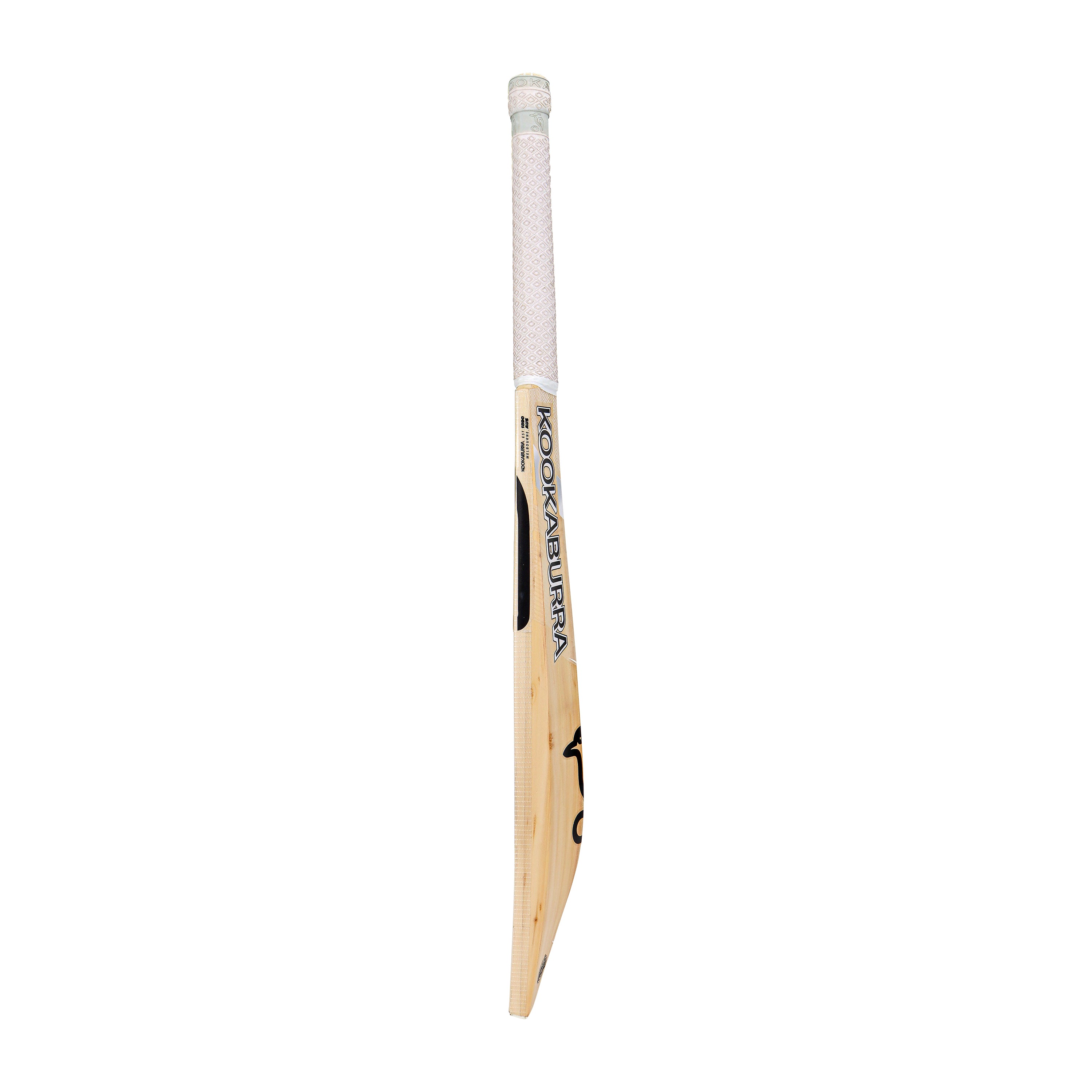 A side view of the Kookaburra Ghost Pro 3.1 Icon Junior Cricket Bat 2026 with a white grip and natural wood finish, featuring the Kookaburra name and logo on the blade.