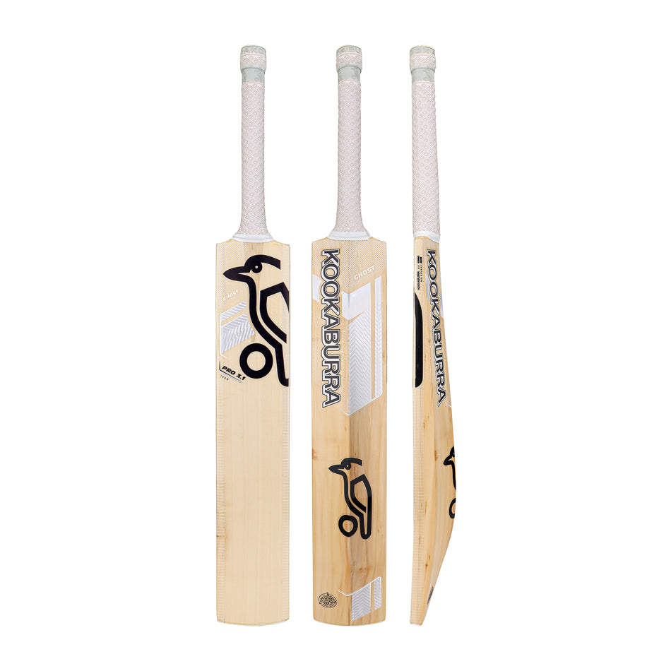 Three views of the Kookaburra Ghost Pro 3.1 Icon Junior Cricket Bat 2026 by Kookaburra, featuring a white handle and black logo, display the front, back, and side profiles of this light English willow junior cricket bat.