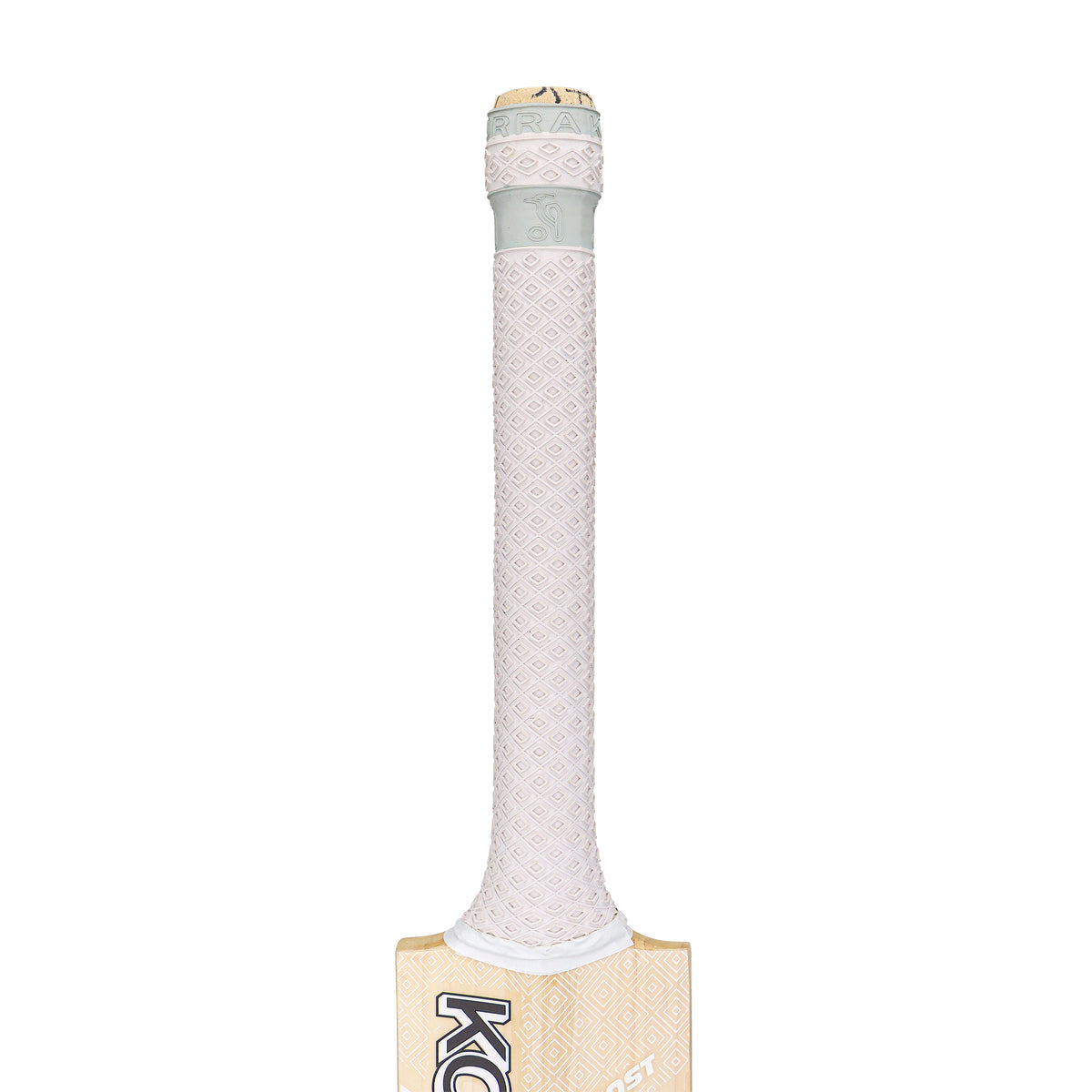Close-up of the handle and upper blade of the Kookaburra Ghost 5.1 Legend Cricket Bat 2026, featuring a textured white grip. Set against a white background, it showcases Kookaburra’s signature English Willow design.