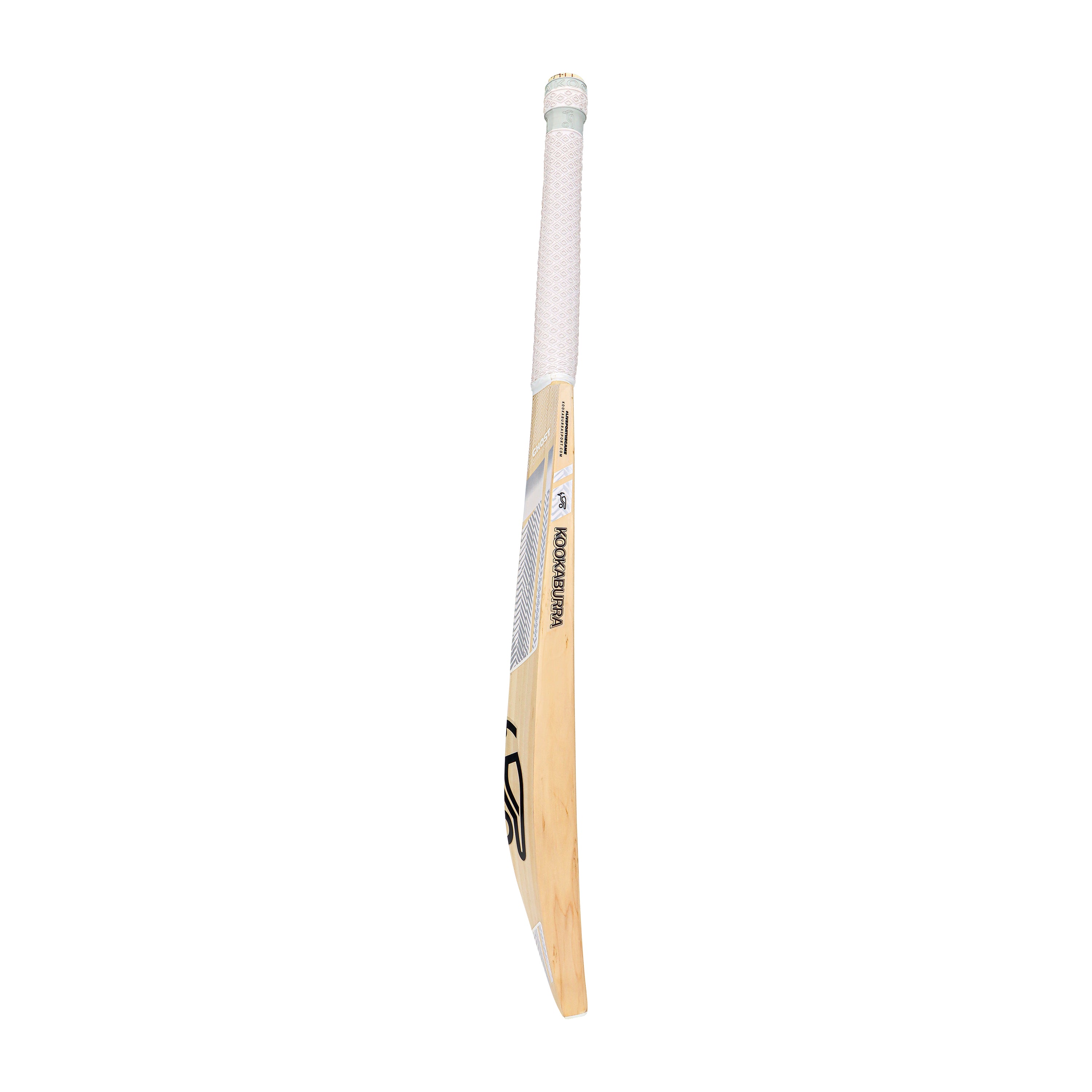 The Kookaburra Ghost 5.1 Legend Cricket Bat 2026 stands upright against a plain white background, featuring the Kookaburra branding and logo on its blade and a white handle grip.