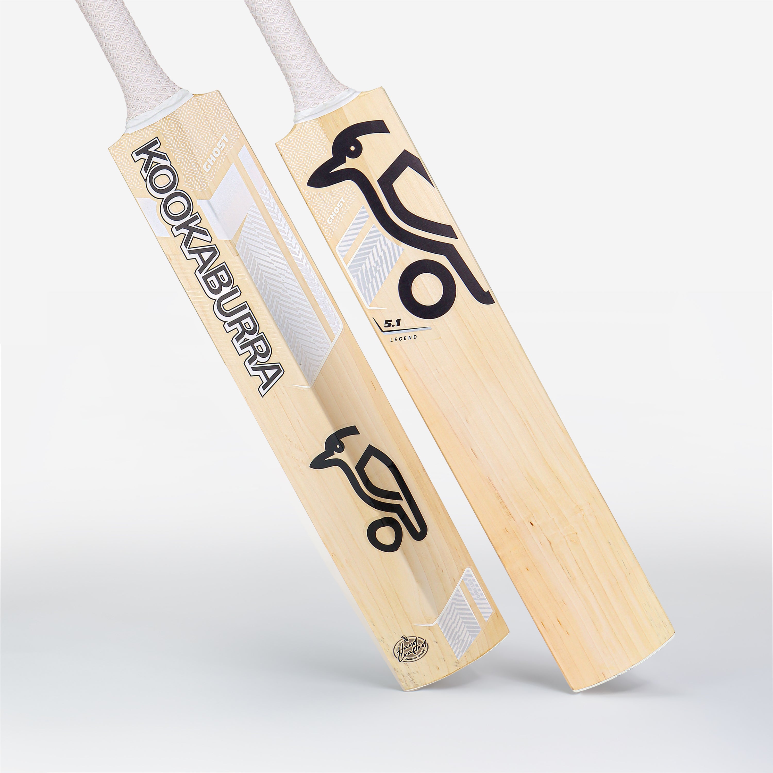 Two Kookaburra Ghost 5.1 Legend Cricket Bat 2026 are shown: one displays the front with the Kookaburra brand name, the other the back with a black bird logo and graphics. Both have a light English Willow finish and short white handles.