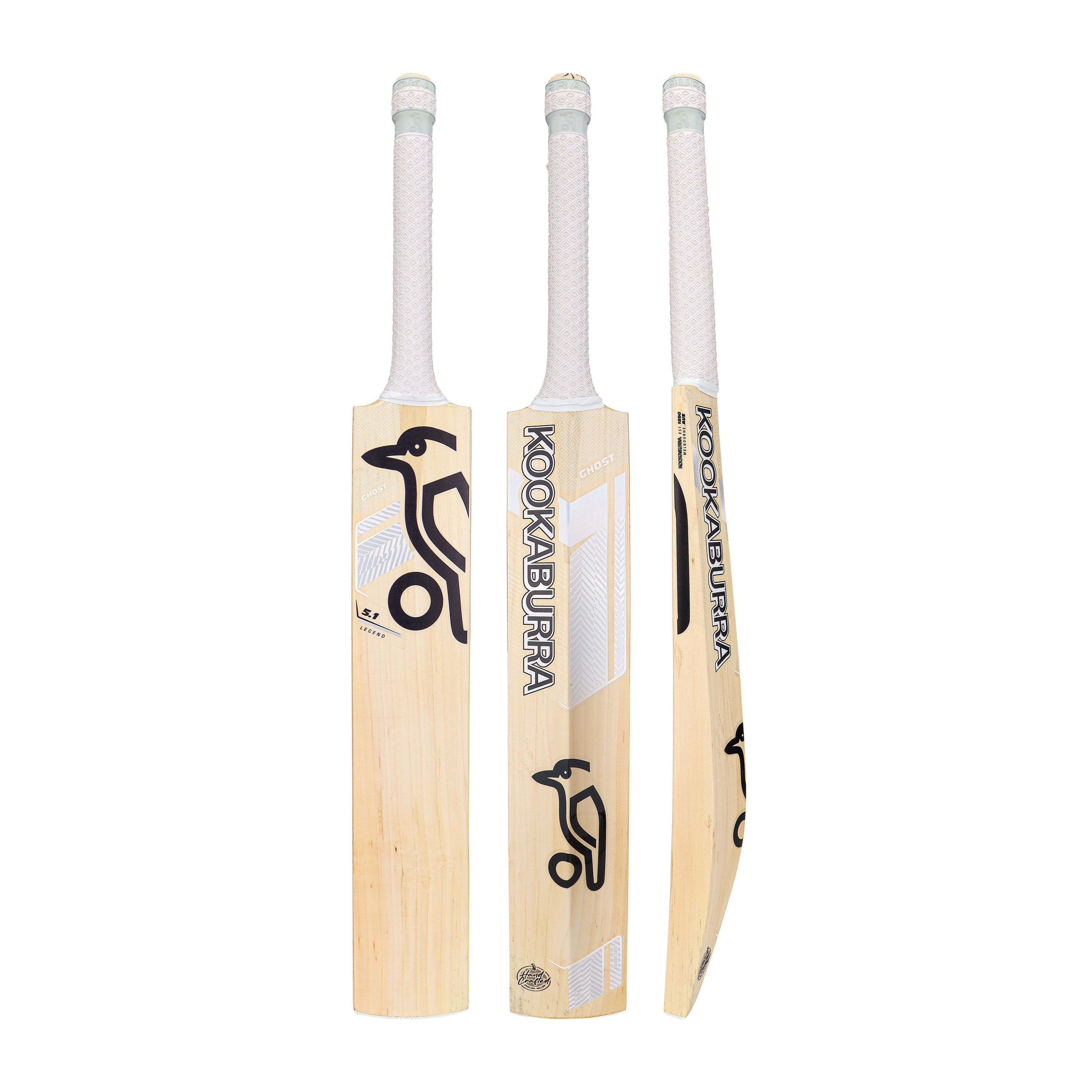 Three views of the Kookaburra Ghost 5.1 Legend Cricket Bat 2026 (short handle) by Kookaburra, with a white grip: front, back, and side. The English Willow bat features black Kookaburra branding on light-colored wood.