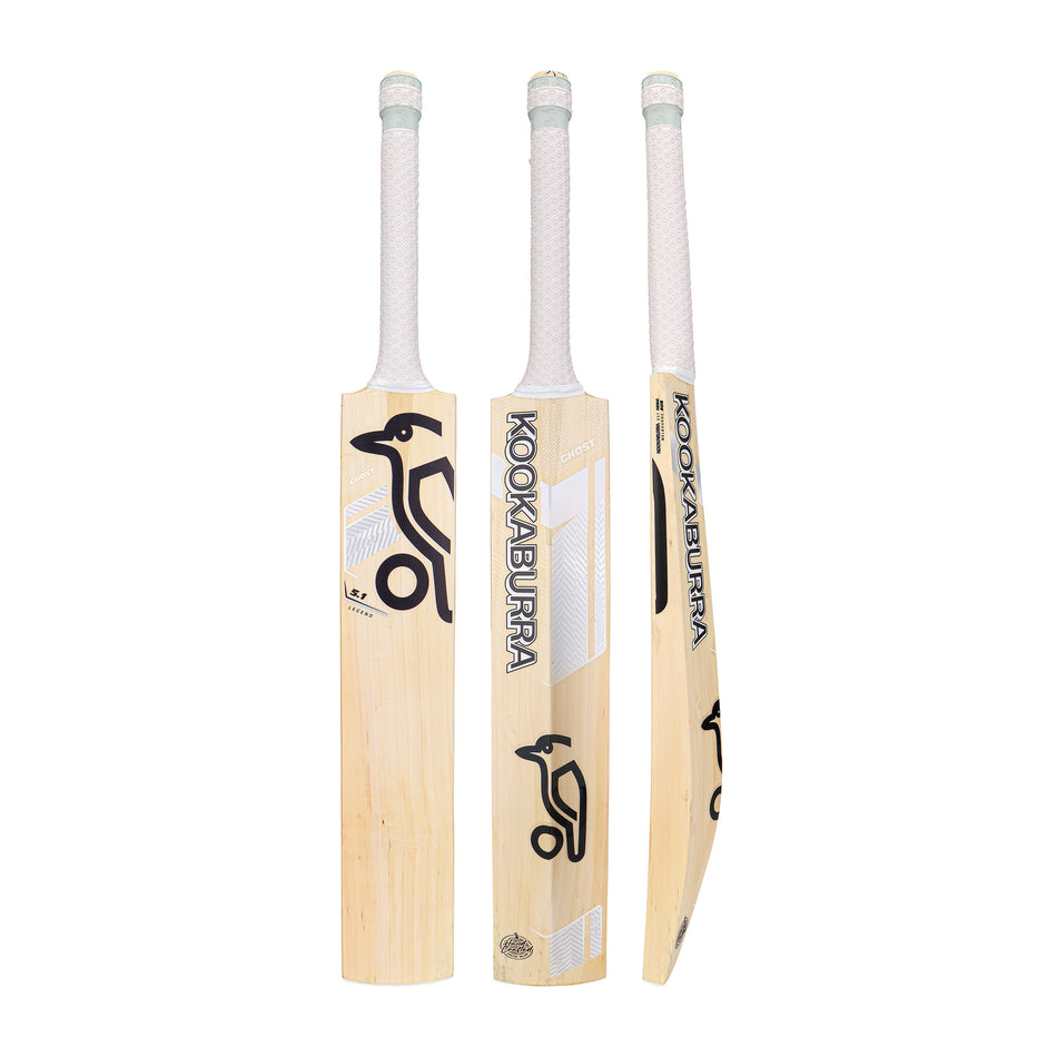 Three views of the Kookaburra Ghost 5.1 Legend Cricket Bat 2026 (short handle) by Kookaburra, with a white grip: front, back, and side. The English Willow bat features black Kookaburra branding on light-colored wood.