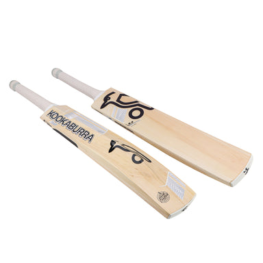 Two Kookaburra Ghost 6.2 Ultra Cricket Bats 2026 are placed side by side on a white background, displaying both front and back views with visible Kookaburra logos and white handles—crafted for reliable performance.