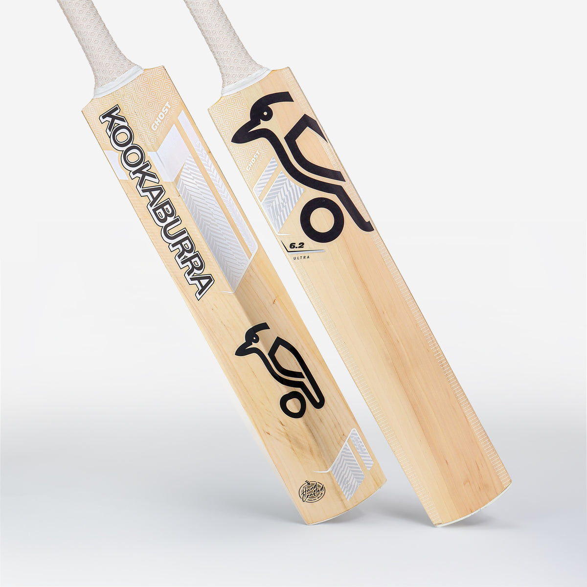 Two Kookaburra Ghost 6.2 Ultra Cricket Bats (2026) with a light wood finish: one displays the Kookaburra front logo, while the other shows the stylized bird graphic and "6.2" marking on the back—crafted from quality English willow.