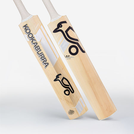 Two Kookaburra Ghost 6.2 Ultra Cricket Bats (2026) with a light wood finish: one displays the Kookaburra front logo, while the other shows the stylized bird graphic and "6.2" marking on the back—crafted from quality English willow.