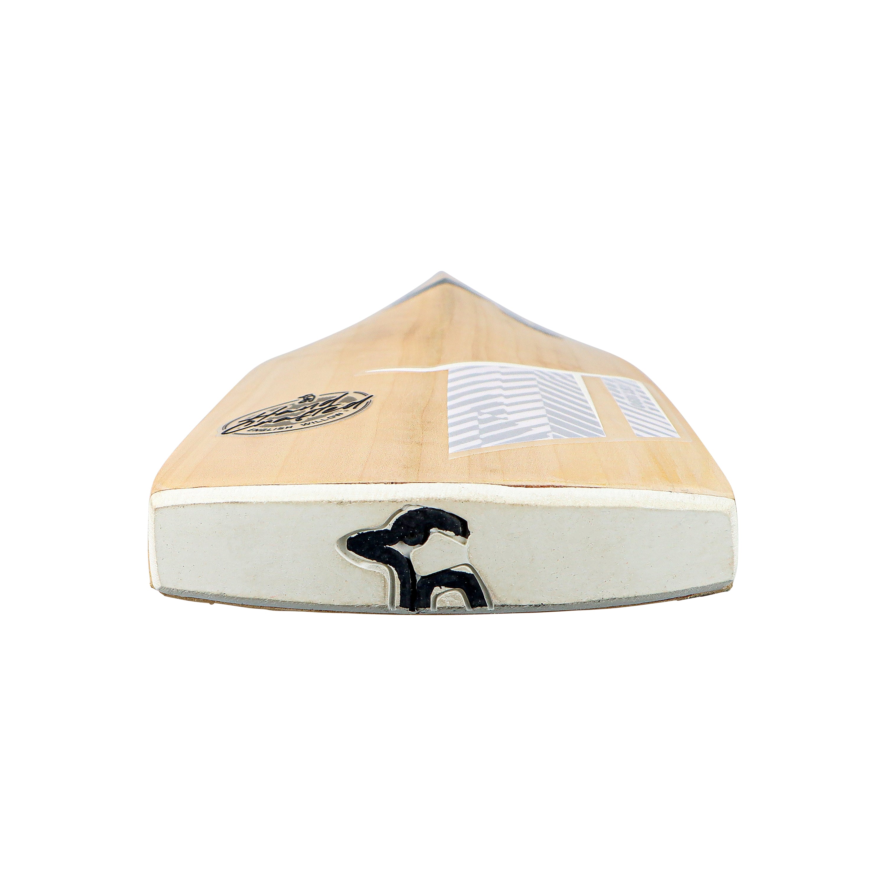 Close-up of the flat face and bottom edge of a Kookaburra Ghost 6.2 Ultra Cricket Bat 2026 by Kookaburra, shown against a white background with visible stickers and logo. The handle side is not visible.