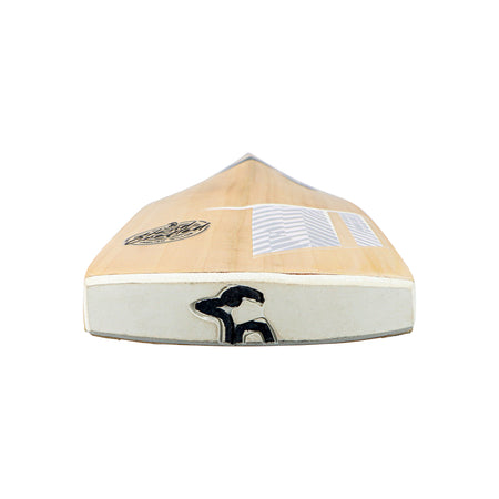 Close-up of the flat face and bottom edge of a Kookaburra Ghost 6.2 Ultra Cricket Bat 2026 by Kookaburra, shown against a white background with visible stickers and logo. The handle side is not visible.