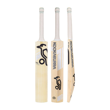 Three views of the Kookaburra Ghost 6.4 Ultimate Cricket Bat 2026: front, back, and side. Features include an English Willow blade, white textured handle, Pro Shield face, and black Kookaburra branding.