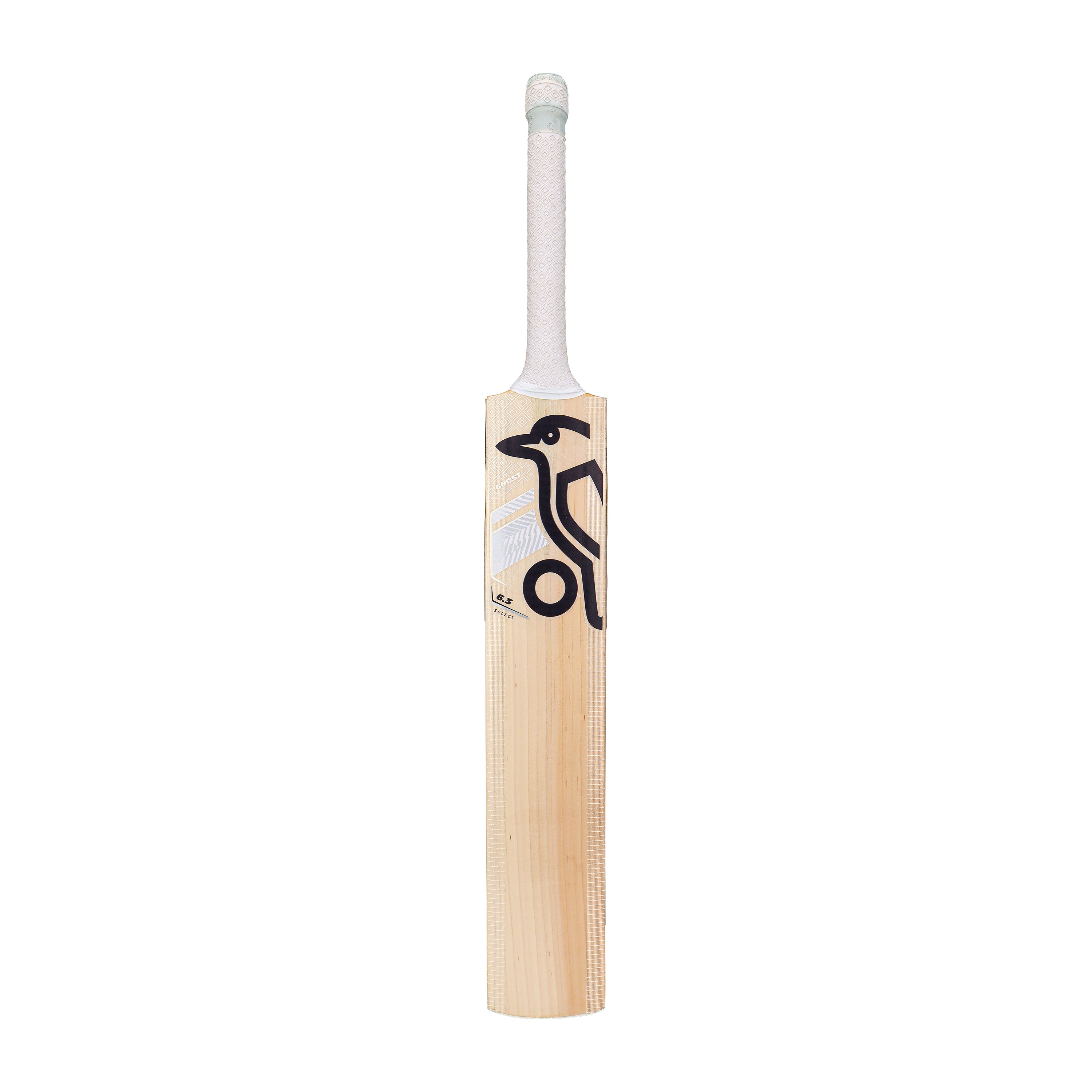 The Kookaburra Ghost 6.3 Select Junior Cricket Bat 2026 is a lightweight wooden bat for juniors, featuring a light handle and a vertical black abstract bird logo on the front.