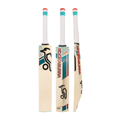 Three views of the Kookaburra Nickel Pro Players Edition Cricket Bat 2026 by Kookaburra show the front, side, and angled profile, featuring a white handle, teal and red accents, bold branding, and crafted from professional English Willow.