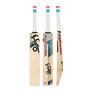 Three views of the Kookaburra Nickel Pro Players Edition Junior Cricket Bat 2026—front, back, and side—highlight its lightweight Grade 1 English willow, teal, black, red, and white accents, and a white grip on the handle.