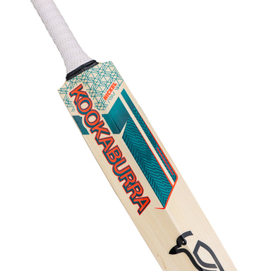 A close-up of the Kookaburra Nickel Pro 1.1 Players Select Cricket Bat 2026 displays its handle, green and red branding, and the Kookaburra logo on the English Willow blade—a professional-grade cricket bat built for performance.