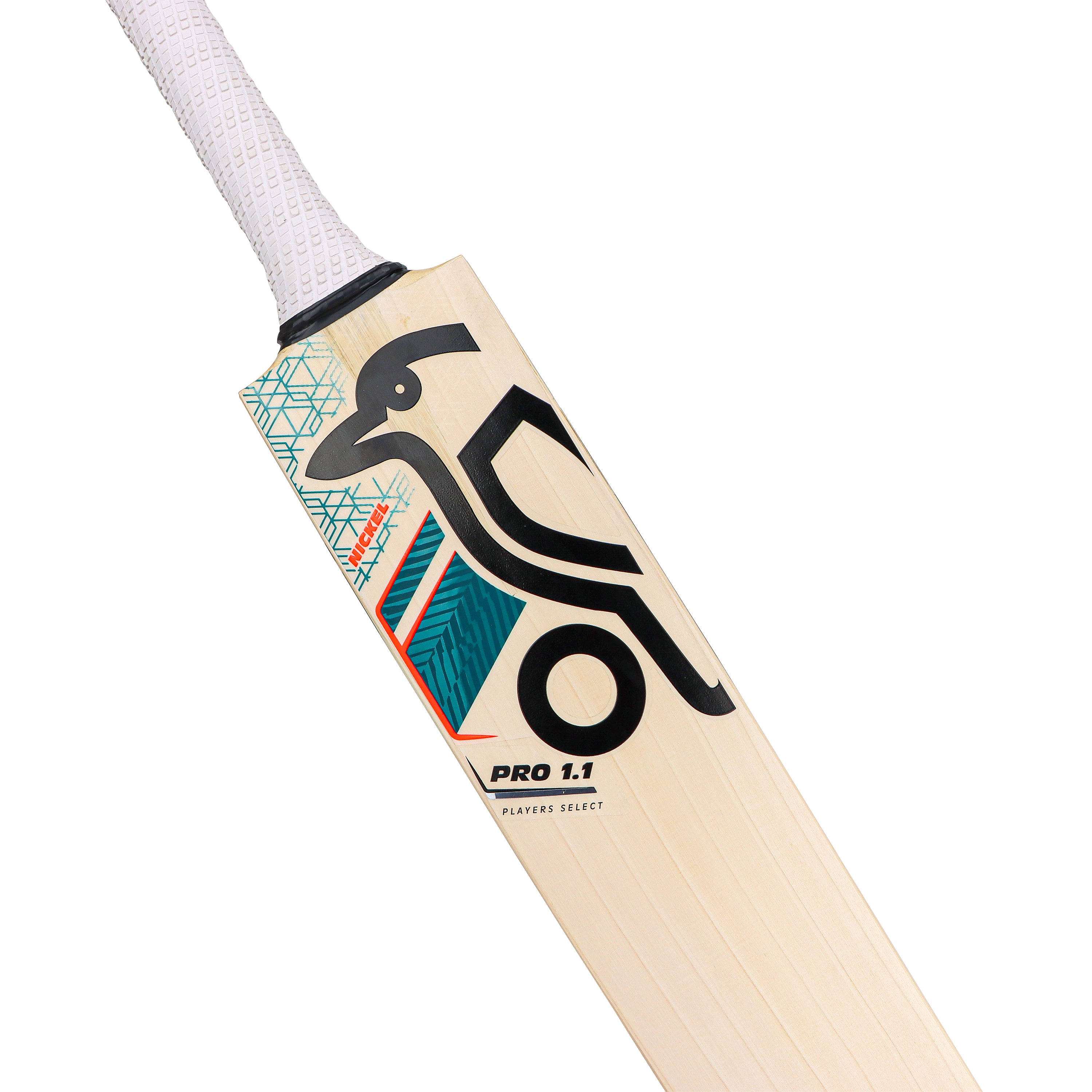 The Kookaburra Nickel Pro 1.1 Players Select Cricket Bat 2026 is a professional-grade, light-colored bat with a white grip, bold black abstract design, teal and red accents, and "PRO 1.1 PLAYERS SELECT" printed near the bottom.