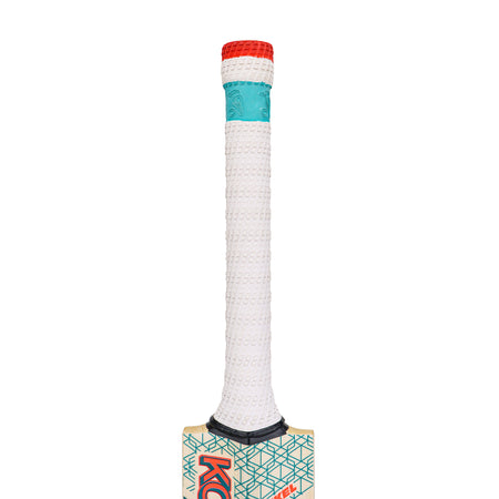 A close-up of the Kookaburra Nickel Pro 1.1 Players Select Cricket Bat 2026 handle shows a white textured grip, teal band near the top, and red end, with part of the colorful Kookaburra logo visible on this professional-grade bat.