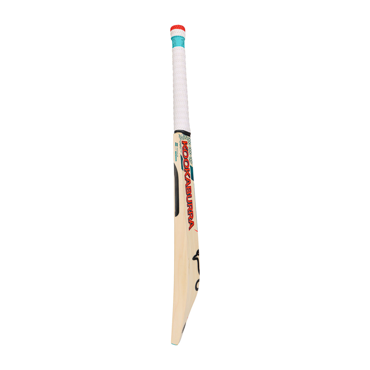 The Kookaburra Nickel Pro 1.1 Players Select Cricket Bat 2026, a Grade 1.1 English Willow bat, features a white grip-taped handle and striking red and blue graphics on its light wooden blade, displayed upright against a white background.