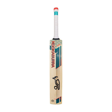 The Kookaburra Nickel Pro 1.1 Players Select Junior Cricket Bat 2026 stands upright against a white background, showcasing a white grip, teal and red accents, and the Kookaburra logo on English willow.