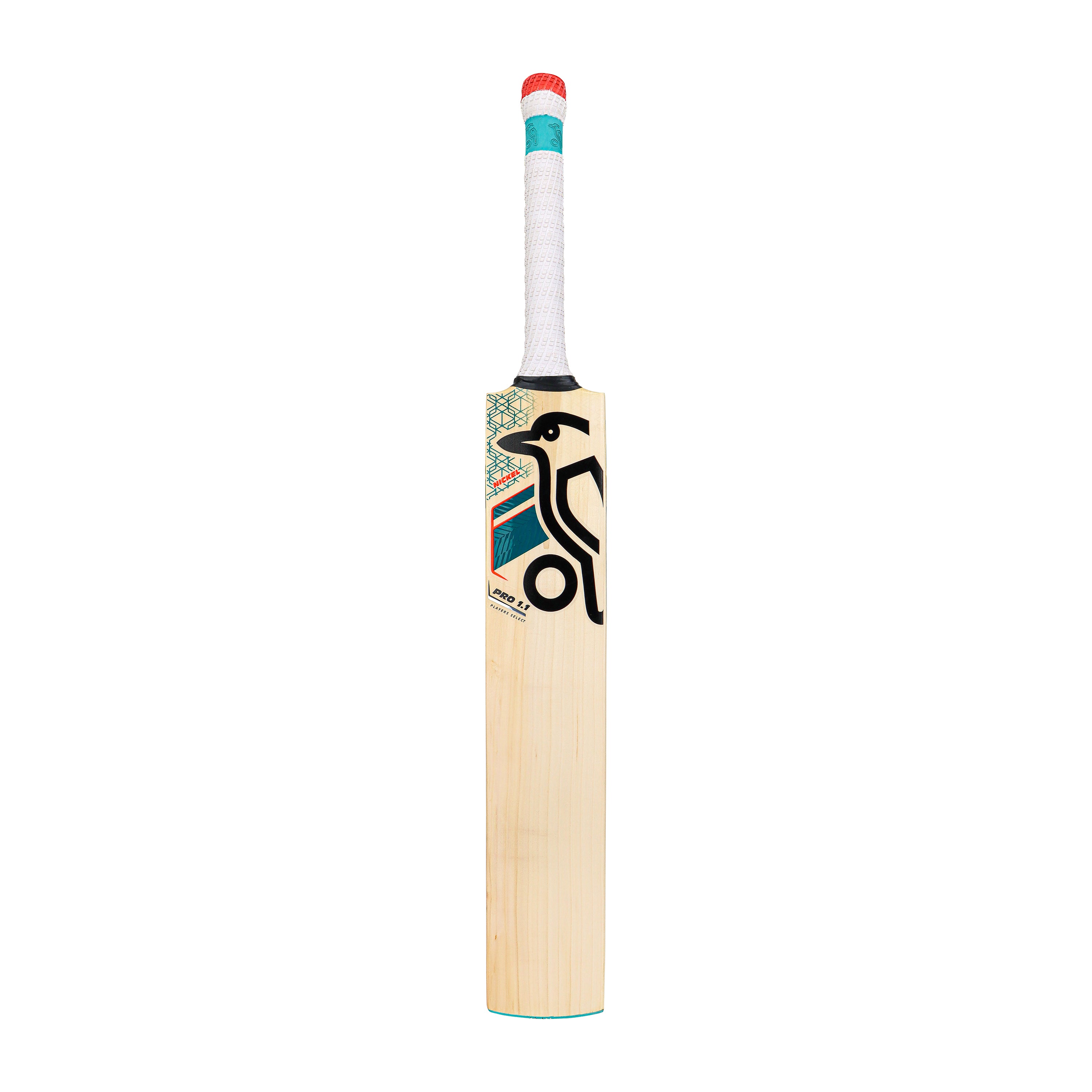 The Kookaburra Nickel Pro 1.1 Players Select Junior Cricket Bat 2026 stands upright on a white background, featuring a white grip, red cap, teal accents, bold black and teal Kookaburra logo, and geometric patterns on the English willow blade.