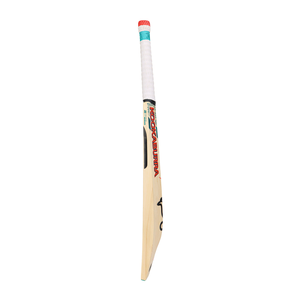 The Kookaburra Nickel Pro 1.1 Players Select Junior Cricket Bat 2026, with a white handle and turquoise and red accents plus the red Kookaburra logo, stands upright against a white background.