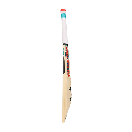 The Kookaburra Nickel Pro 1.1 Players Select Junior Cricket Bat 2026, with a white handle and turquoise and red accents plus the red Kookaburra logo, stands upright against a white background.