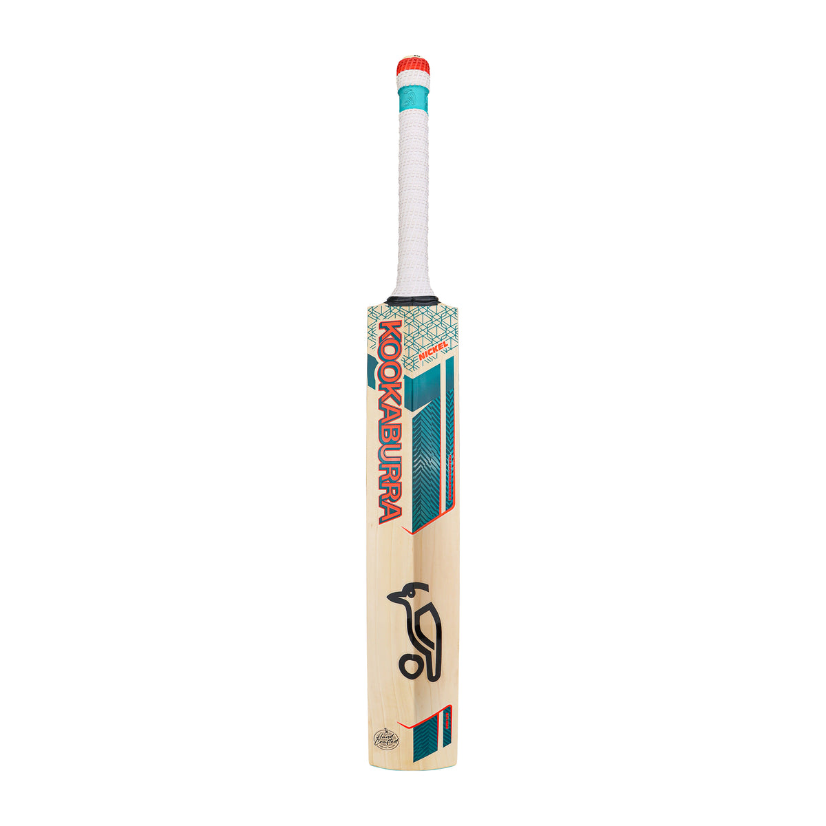 The Kookaburra Nickel Pro 3.1 Icon Cricket Bat 2026 features a white grip, teal and red accents, a prominent Kookaburra logo on its light English Willow blade, and is designed with a low sweet spot for powerful shots.