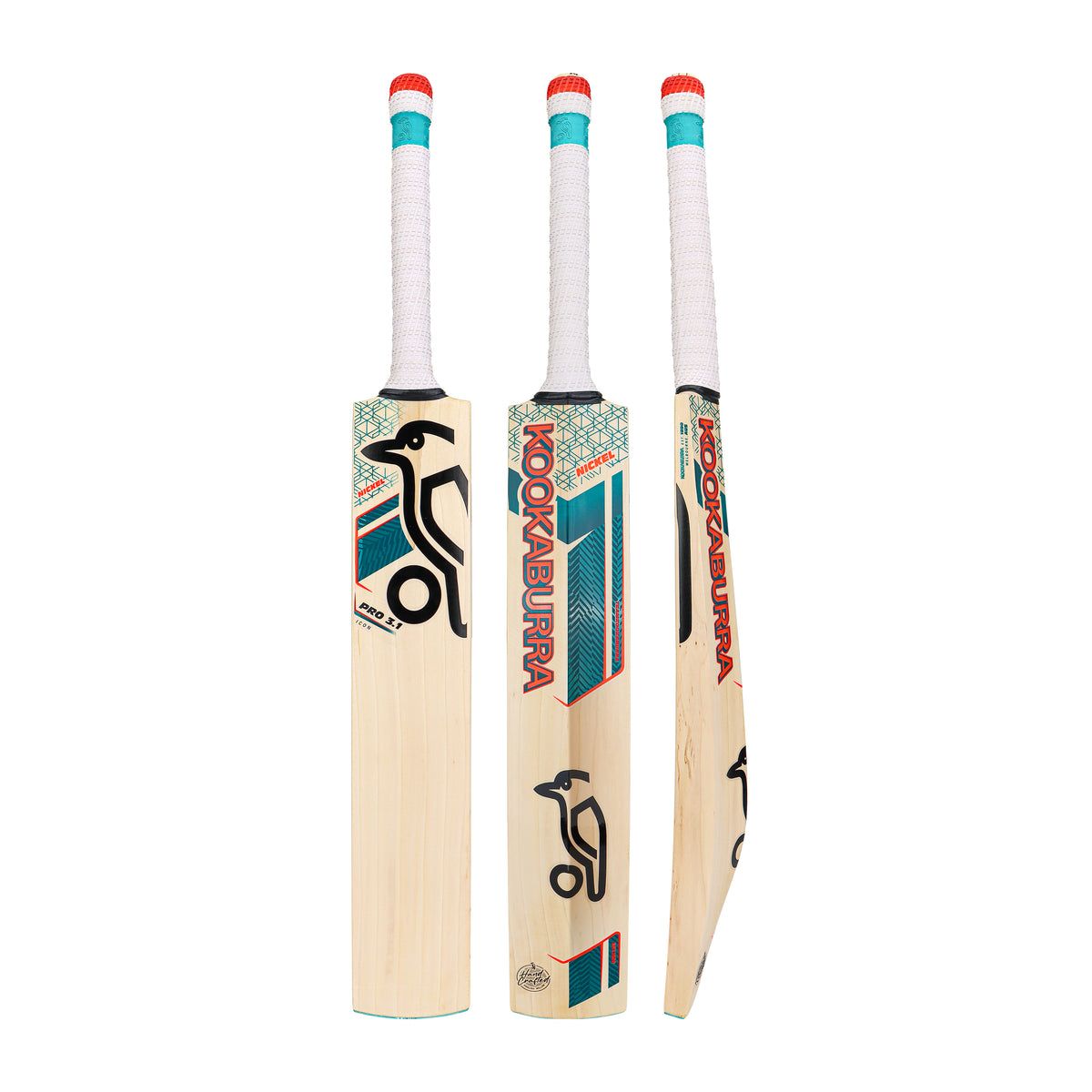 Three Kookaburra Nickel Pro 3.1 Icon Cricket Bat 2026 are shown upright, displaying the front, side, and back. Each features a low sweet spot, white grip with red top, and teal, black, and red branding on English Willow.