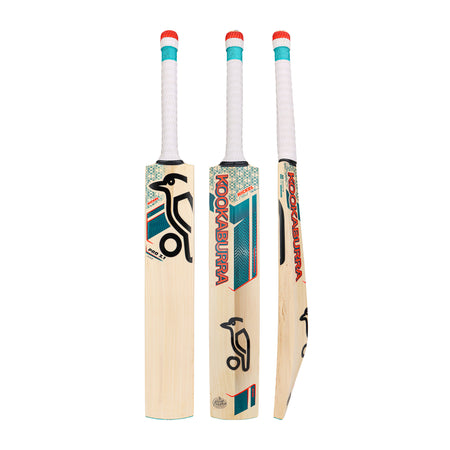 Three Kookaburra Nickel Pro 3.1 Icon Cricket Bat 2026 are shown upright, displaying the front, side, and back. Each features a low sweet spot, white grip with red top, and teal, black, and red branding on English Willow.