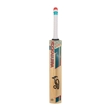 The Kookaburra Nickel Pro 3.1 Icon Junior Cricket Bat 2026 features a white grip, red, teal, and black graphics, English willow construction, the Kookaburra brand name vertically printed, and a bird logo near the bottom.