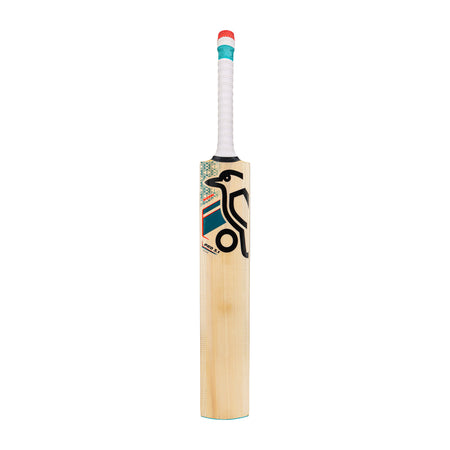 The Kookaburra Nickel Pro 3.1 Icon Junior Cricket Bat 2026 is crafted from English willow, has a white grip, colorful geometric designs, and displays a large black penguin logo on the front.