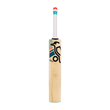 The Kookaburra Nickel Pro 3.1 Icon Junior Cricket Bat 2026 is crafted from English willow, has a white grip, colorful geometric designs, and displays a large black penguin logo on the front.