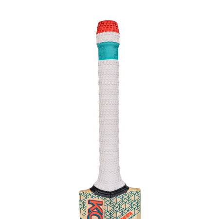 The Kookaburra Nickel Pro 3.1 Icon Junior Cricket Bat 2026 is shown vertically, displaying its white textured grip with a teal band and red top section; only the upper portion is visible against a white background.