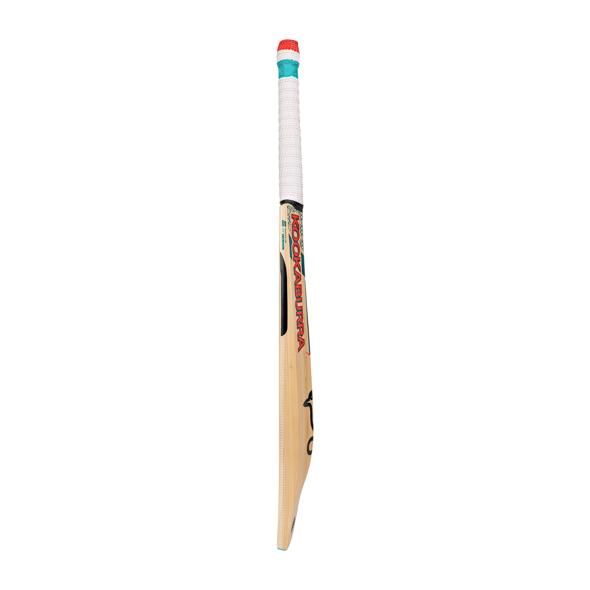 The Kookaburra Nickel Pro 3.1 Icon Junior Cricket Bat 2026 stands upright, showing off its white grip with red and teal accents and the Kookaburra brand name on the side.