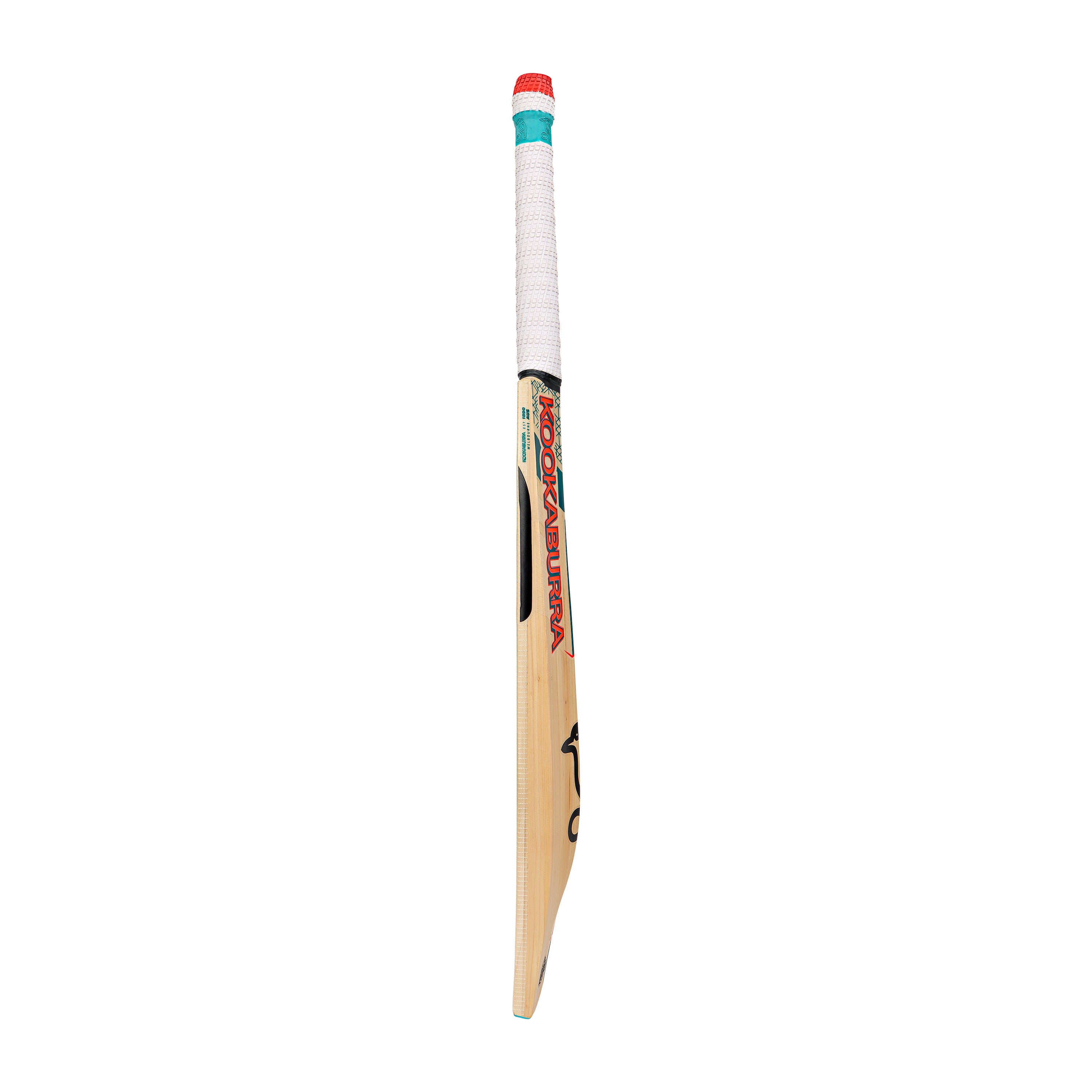 The Kookaburra Nickel Pro 3.1 Icon Junior Cricket Bat 2026 stands upright, showing off its white grip with red and teal accents and the Kookaburra brand name on the side.