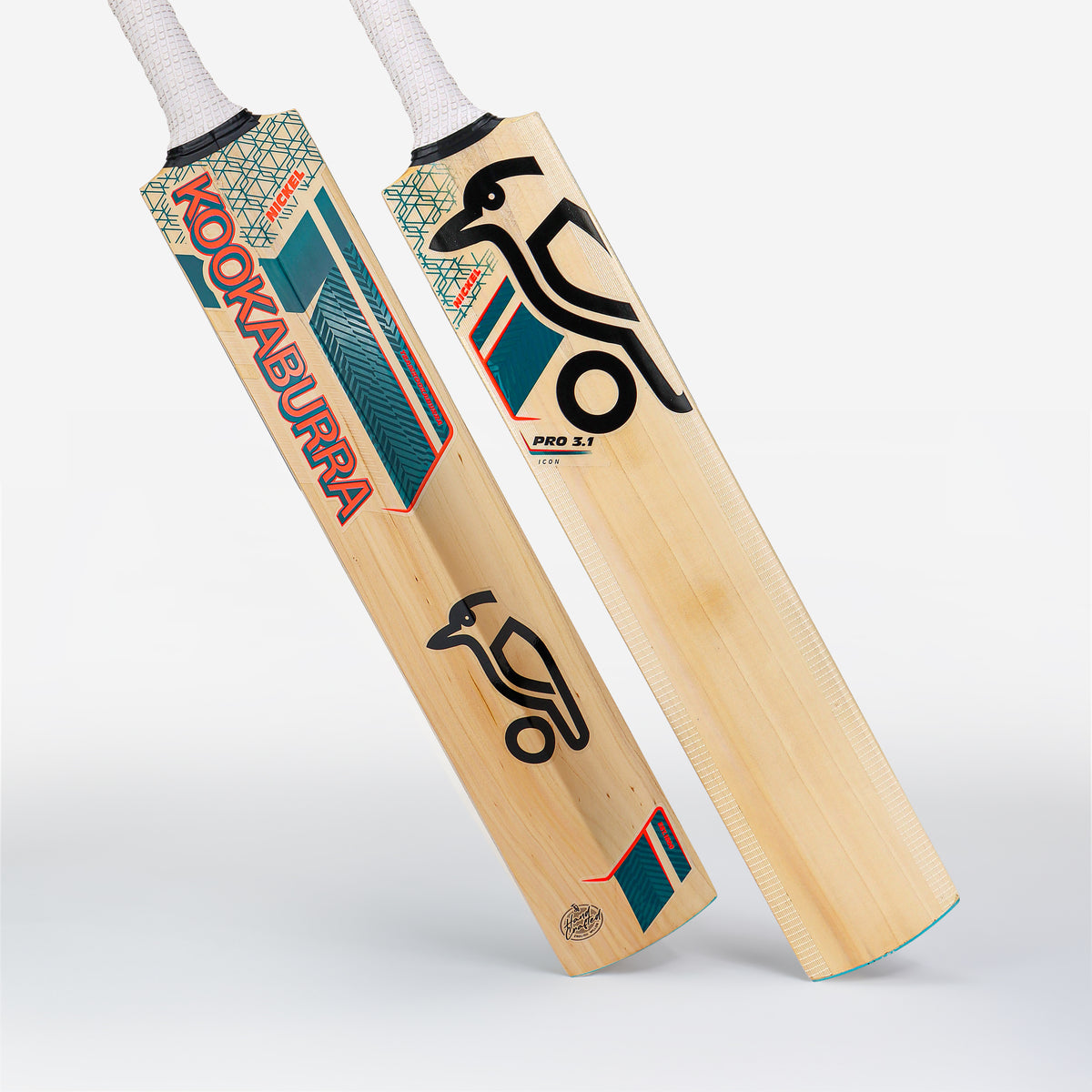 Two upright Kookaburra Nickel Pro 3.1 Icon Junior Cricket Bats (2026) are shown with the signature stylized bird logo, natural wood finish, and green, red, and black accents.