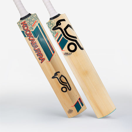 Two upright Kookaburra Nickel Pro 3.1 Icon Junior Cricket Bats (2026) are shown with the signature stylized bird logo, natural wood finish, and green, red, and black accents.