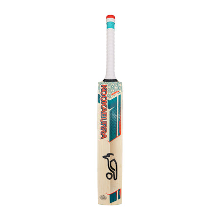 The Kookaburra Nickel 5.1 Legend Cricket Bat 2026 features a white handle, red and teal accents, and the iconic Kookaburra logo on its English Willow blade—expertly handcrafted for top-level performance.