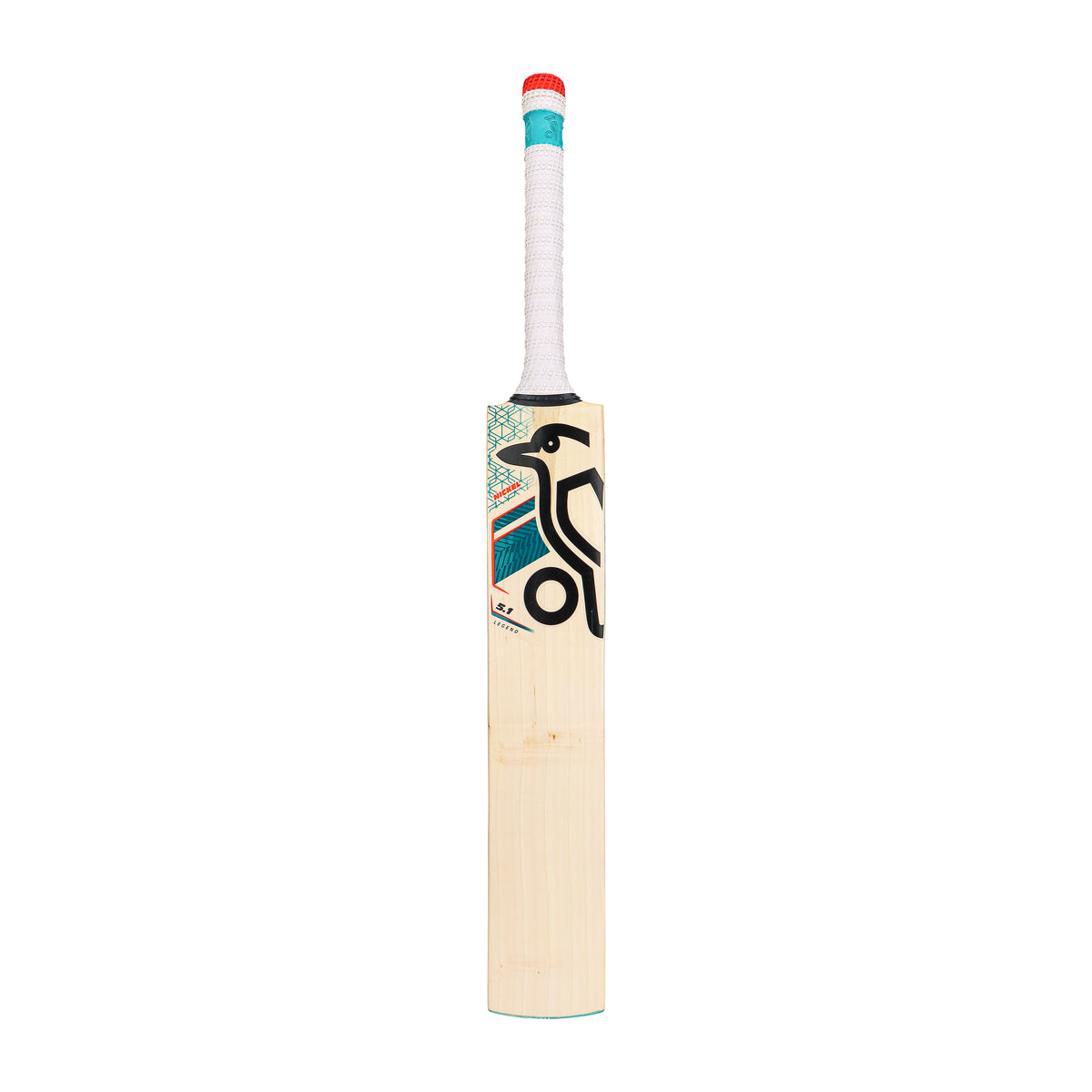 The Kookaburra Nickel 5.1 Legend Cricket Bat 2026 features a full profile, white handle with red and gray grip, vibrant geometric patterns, and the front displays the black Kookaburra logo—all set against a plain white background.
