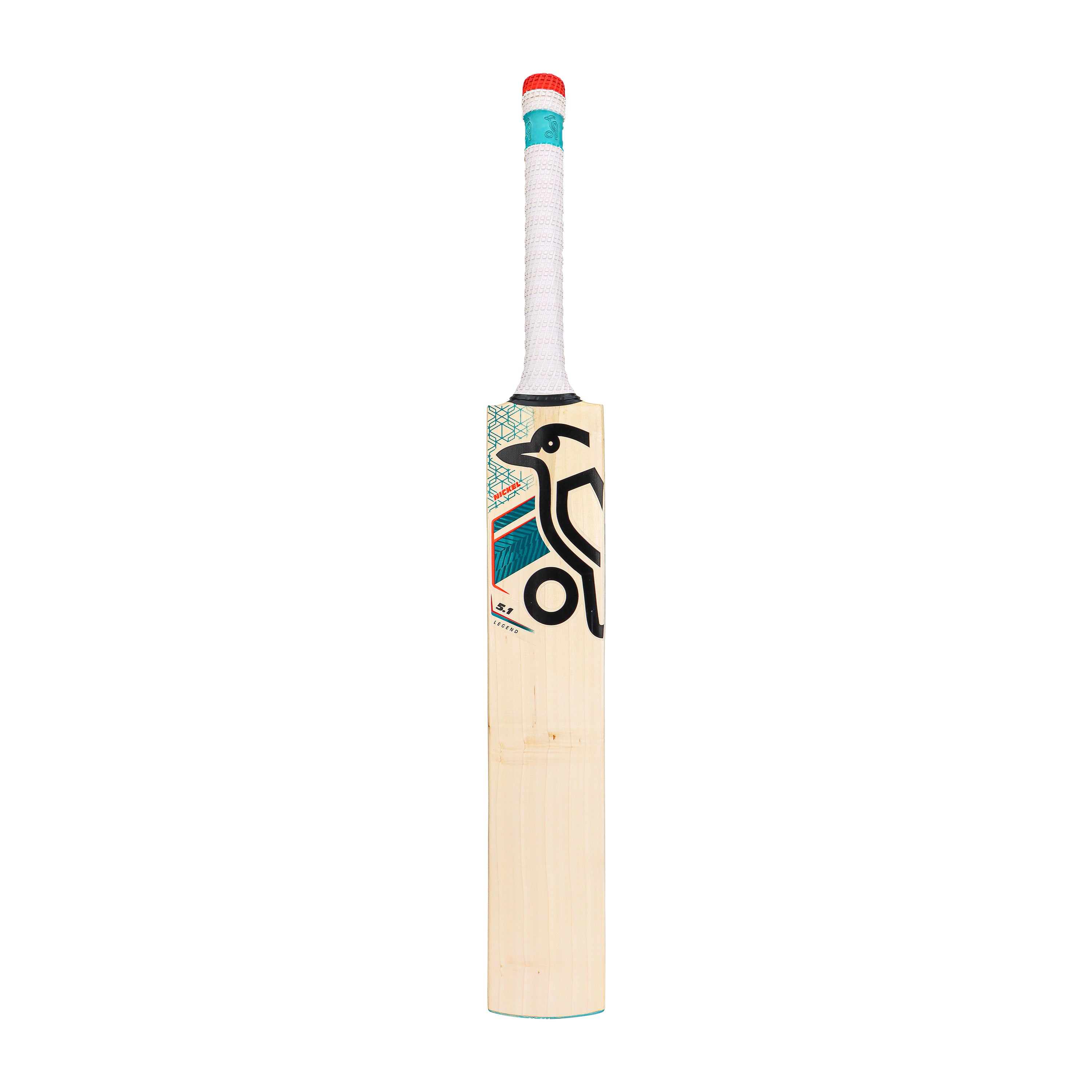 The Kookaburra Nickel 5.1 Legend Cricket Bat 2026 features a full profile, white handle with red and gray grip, vibrant geometric patterns, and the front displays the black Kookaburra logo—all set against a plain white background.