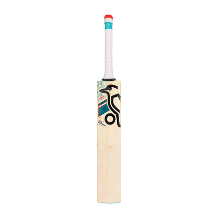 The Kookaburra Nickel 5.1 Legend Cricket Bat 2026 features a full profile, white handle with red and gray grip, vibrant geometric patterns, and the front displays the black Kookaburra logo—all set against a plain white background.