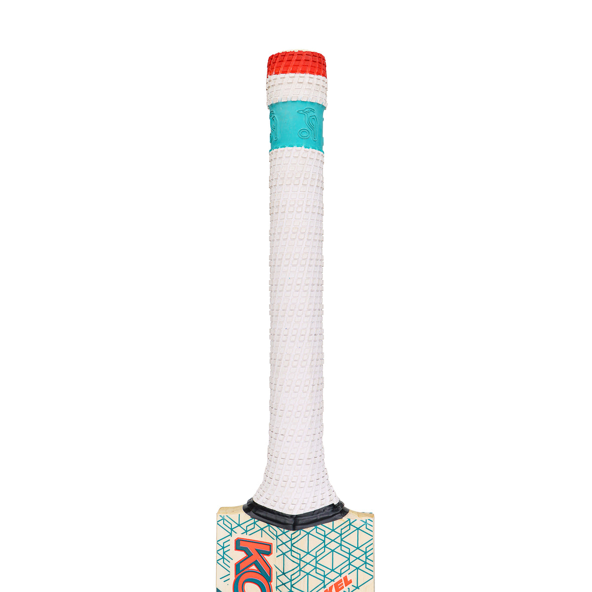 The image shows the handle of the Kookaburra Nickel 5.1 Legend Cricket Bat 2026, featuring a red, teal, and white textured grip and a geometric pattern on its shoulder, crafted by Kookaburra.