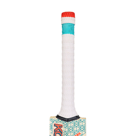 The image shows the handle of the Kookaburra Nickel 5.1 Legend Cricket Bat 2026, featuring a red, teal, and white textured grip and a geometric pattern on its shoulder, crafted by Kookaburra.